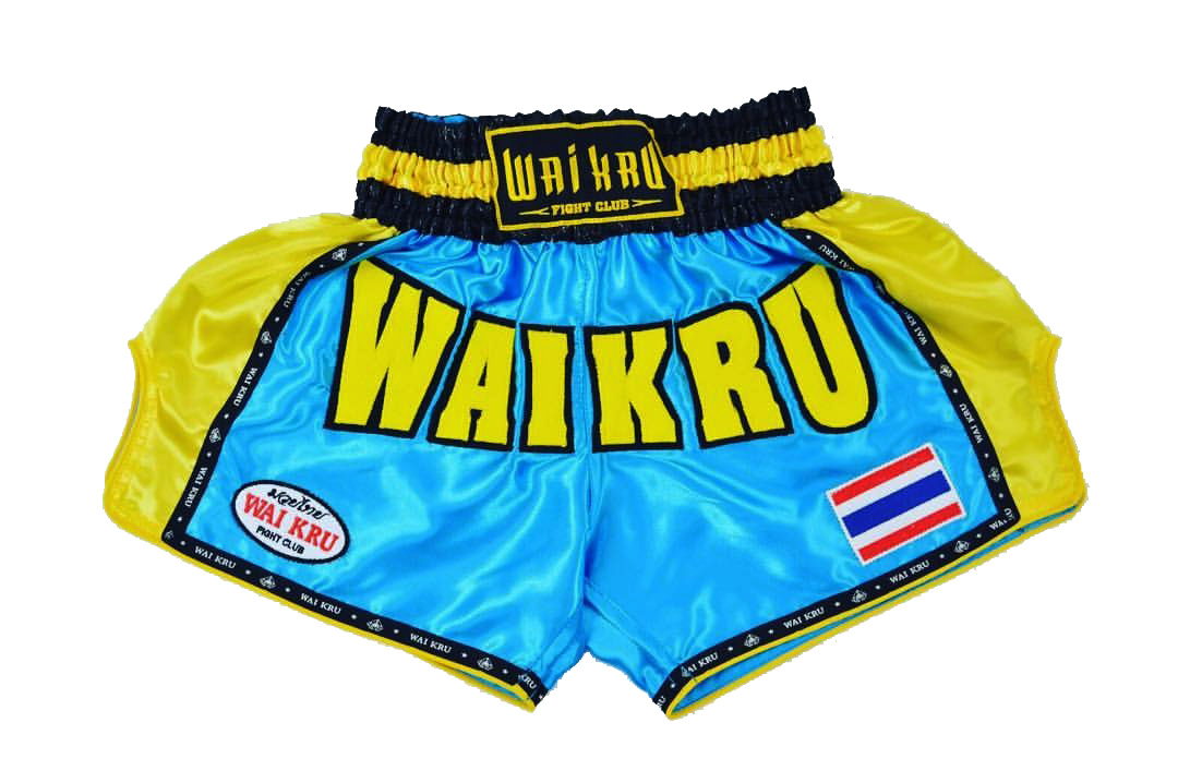 pantalón wai kru muay thai wai kru retro 2.0 azul claro lateral amarillo pantalón wai kru muay thai wai kru retro 2.0 azul claro lateral amarillo